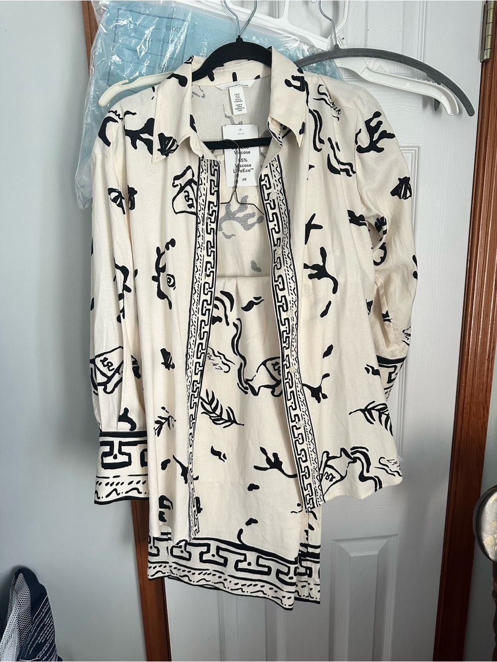 H&M Cream and Black Abstract Button-Down Shirt and Pants Set